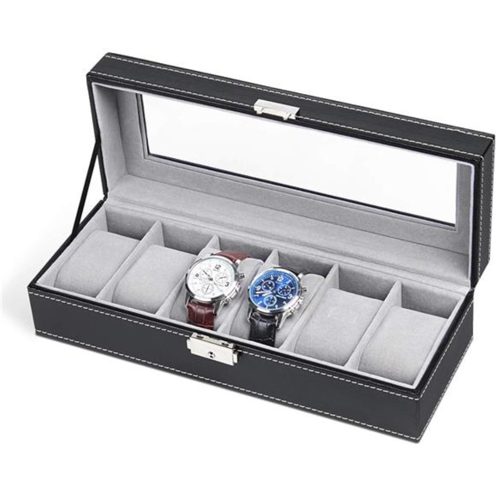 6 Slots Watch Box Organizer for Men, Black Watch Stand Display Storage Case